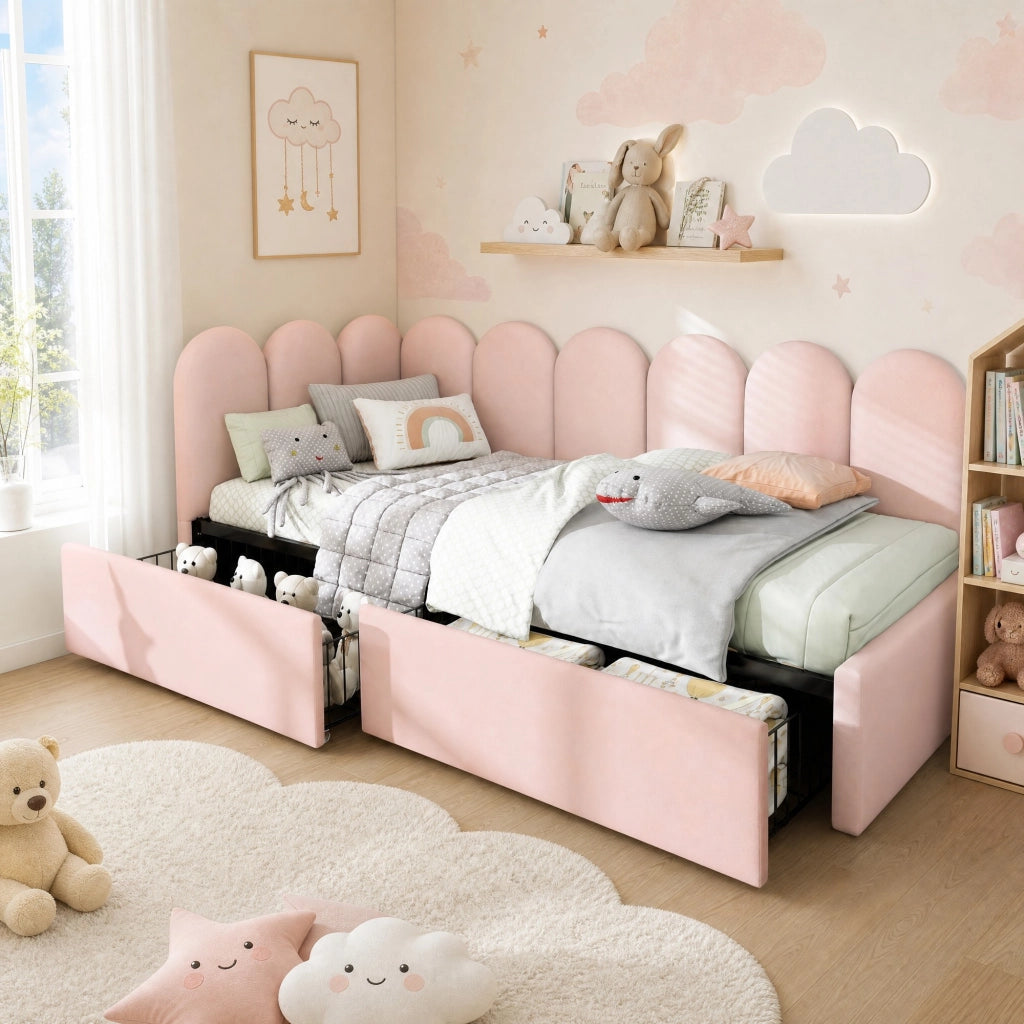 DESMIU Letto a divano 90 × 200 cm 1 posto con 2 cassetti, senza materasso, in velluto, rosa