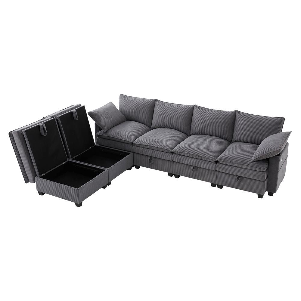 Divano moderno a L - Xylo - Velluto, USB, poggiapiedi, ripostiglio, grigio