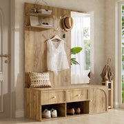 Garderobiera da ingresso multifunzione 6 in 1 con specchio, 5 ganci, 2 cassetti e vano chiuso, effetto legno, 120 x 35 x 159 cm