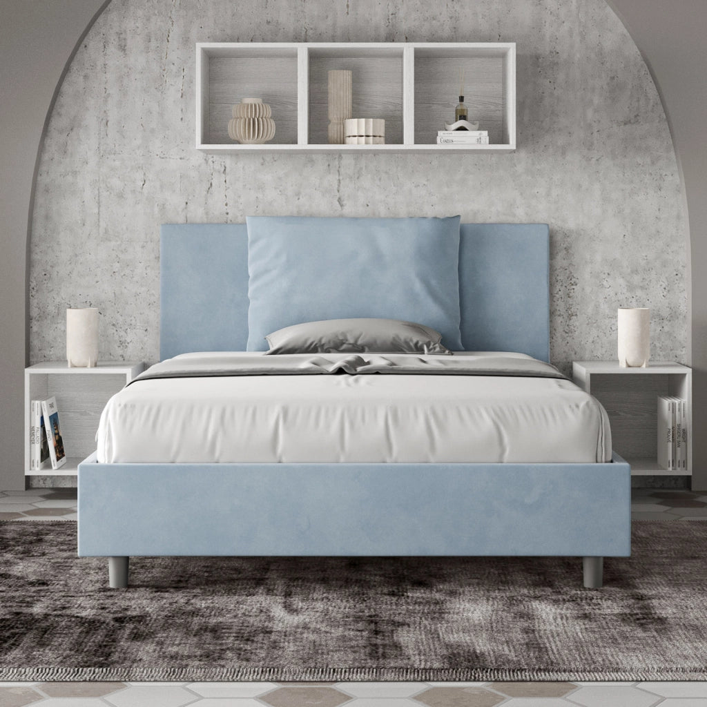 BS COM Letto matrimoniale francese senza rete imbottito 140x190 microfibra azzurro