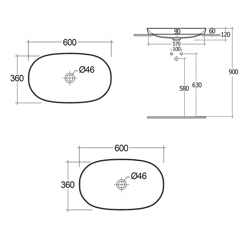 Lavabo ad incasso ovale allungato senza foro variant 60 x 36 cm