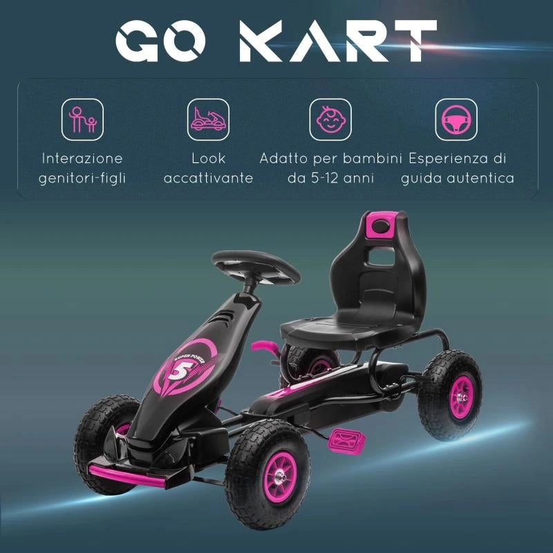 GO KART A PEDALI PER BAMBINI 5-12 ANNI CON SEDILE REGOLABILE, IN METALLO E PP 121X58X61 CM, ROSA E NERO