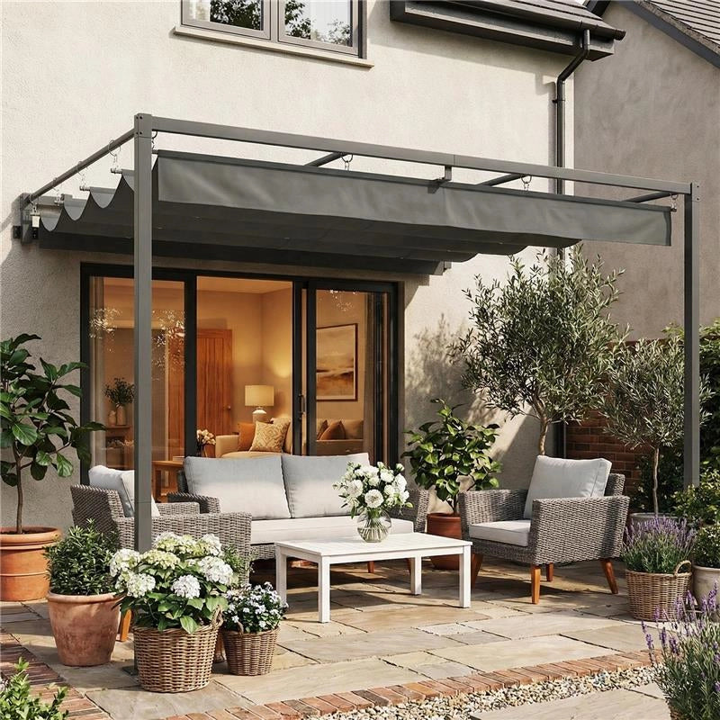 PERGOLA ADDOSSATA 3X3 M CON TETTO RETRATTILE SCORREVOLE UV30+ E FORI DI DRENAGGIO, GRIGIO SCURO