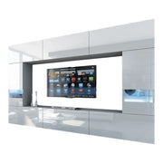 Set di mobili da salotto bianchi, sospesi, collezione CEPTO XXIX. 249cm, 8 pezzi, led, modulabili.