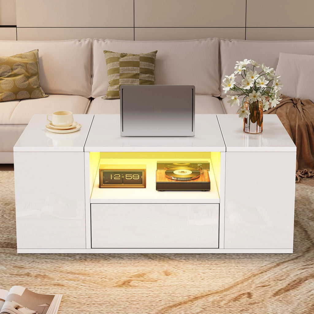 Tavolino da caffè 100 x 50 x 40 cm con LED; 1 cassetto e vani contenitore; bianco lucido