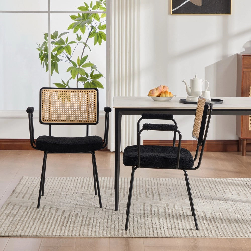 Sedia da Pranzo con Braccioli ¨C MINIMAL ¨C Set 2, Velluto Chenille, Gambe Metallo, Schienale Legno Massello, Effetto Rattan, Nero