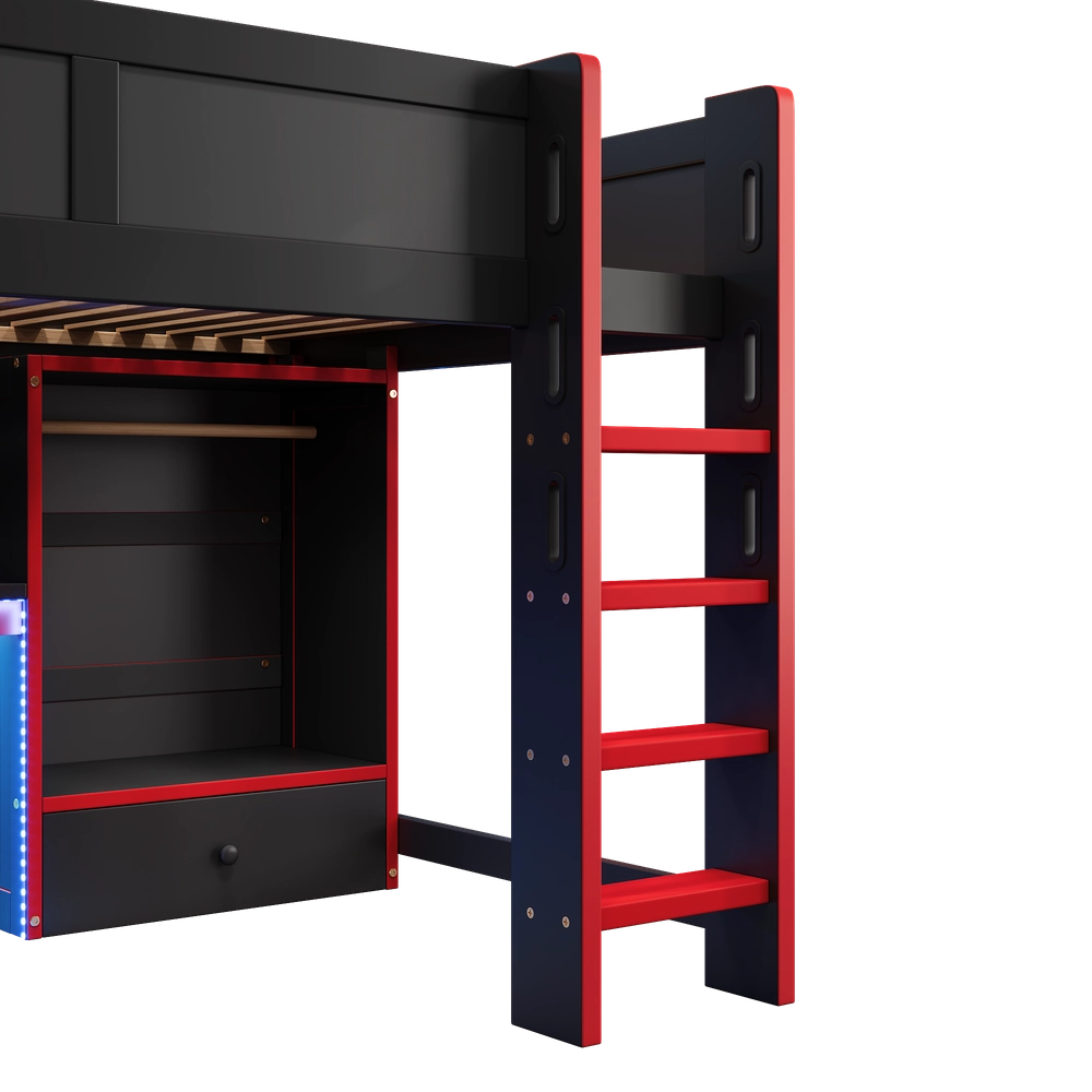 Letto a Soppalco Gaming con Scrivania e Cassetti ¨C Xylo ¨C Nero 140x200 cm con LED