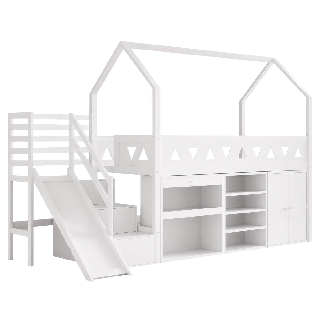 LETTO per bambini con scivolo e scale 90x200 cm Bianco in legno massello