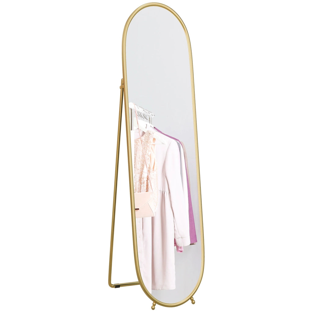 Specchio Verticale Ovale da Terra con Supporto, in Vetro e Metallo, 40x41x159 cm, Tonalit¨¤ Oro