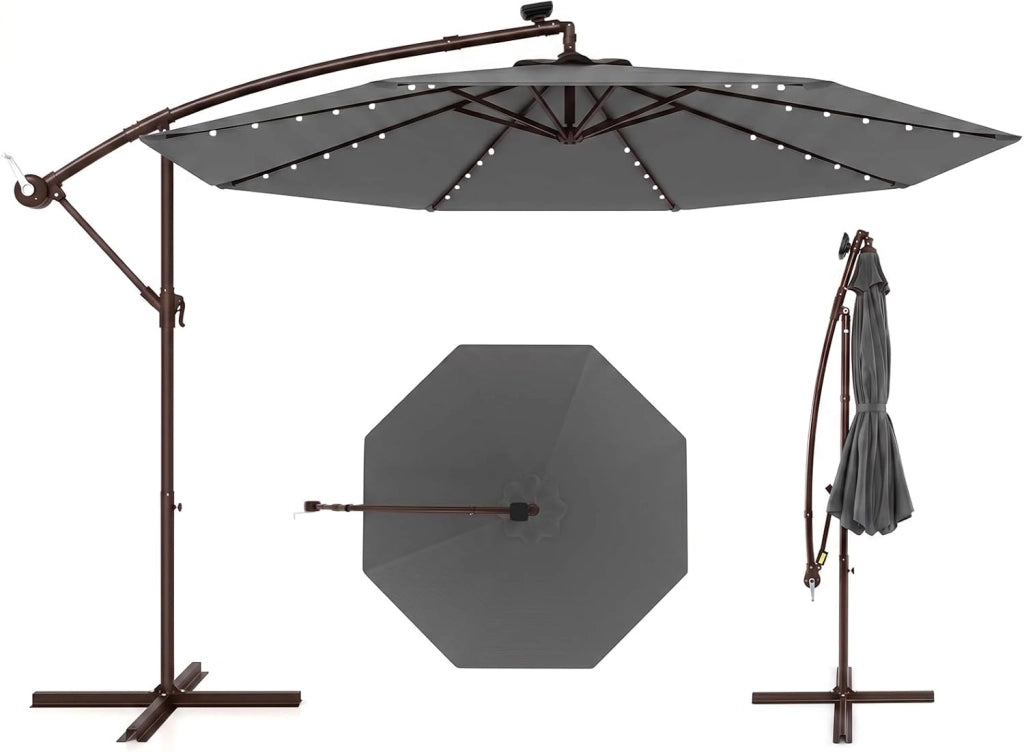 Ombrellone da Giardino 300 cm, 40 Luci LED Solari, Anti-UV, Inclinazione Regolabile, Manovella, 8 Stecche per Esterno Piscina Patio (Grigio)