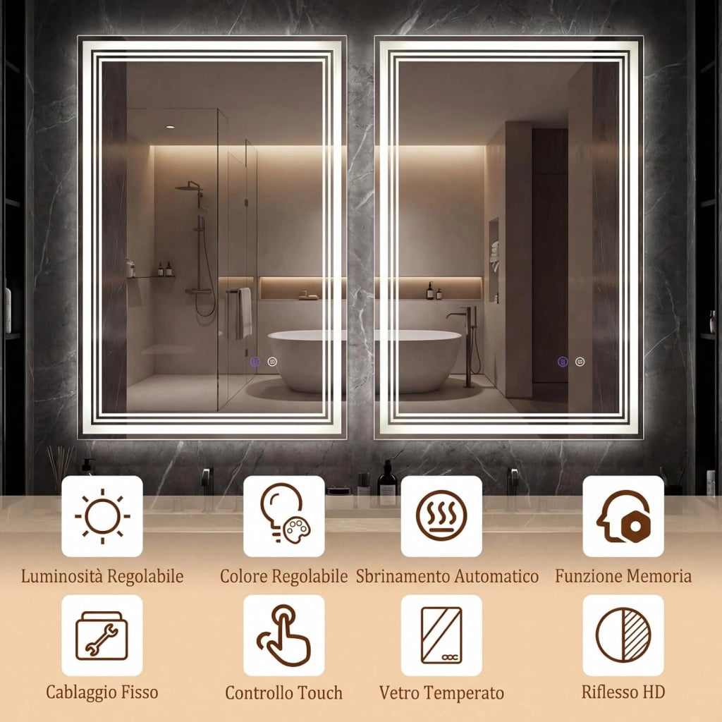 Specchio Bagno a LED Regolabile 70 x 50 cm, Specchio Rettangolare da Parete con Design Antiappannamento, Funzione Memoria, Controllo Touch, Vetro Temperato Infrangibile e Collegamento Fisso