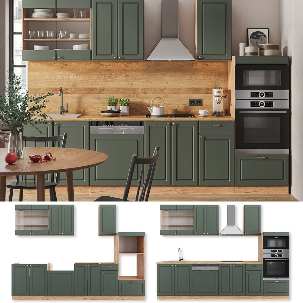 Cucina componibile Fame-Line Verde-oro rustico/Rovere dorato 300 cm con armadio alto, PL Antracite Vicco