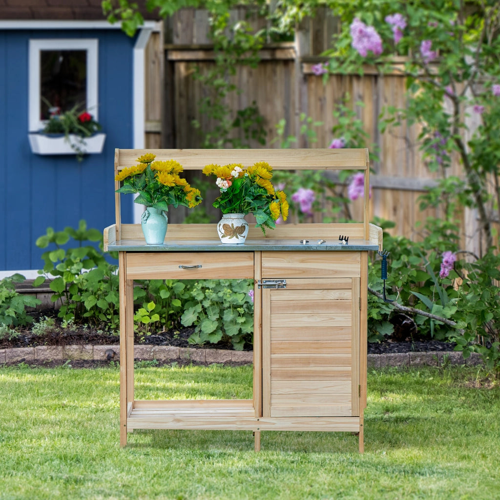 Tavolo da giardinaggio con ripiani e cassetti ¨C zephmum ¨C legno di abete