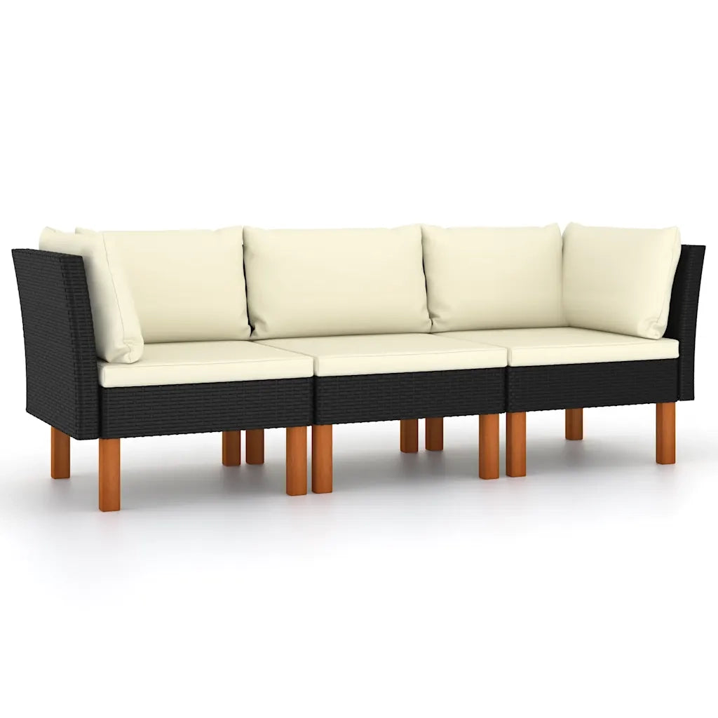 Divano da Giardino a 3 Posti con Cuscini-Sofa da Giardino-Divano da esterno Nero in Polyrattan 192759