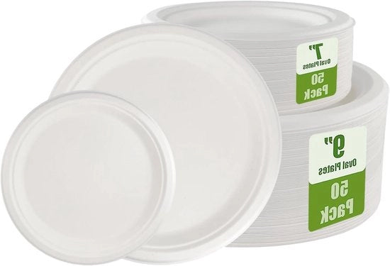 Pannelli e contenitori di zucchero di canna biodegradabili - pacchetto da 100 pezzi (2 misure 23 cm e 18 cm).