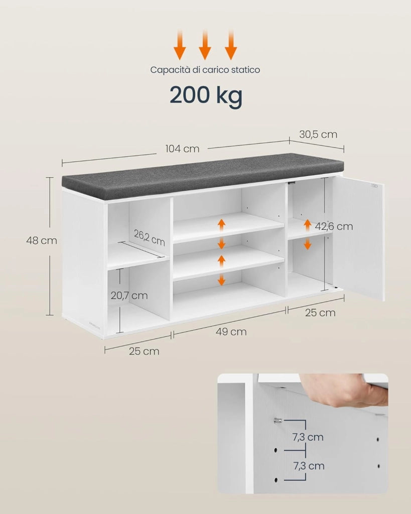 SONGMICS HOME Panca Scarpiera, Montaggio Rapido Senza Attrezzi Toolless, Panchina con Scomparti Aperti, Ripiani Regolabili, Portascarpe, Bianco Neve e Grigio Ardesia LHS391WE01