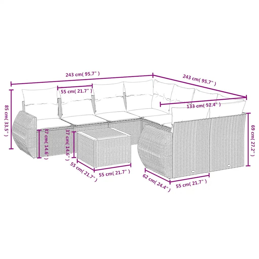 Set Divani da Giardino 9 pz con Cuscini Grigio in Polyrattan 3224934