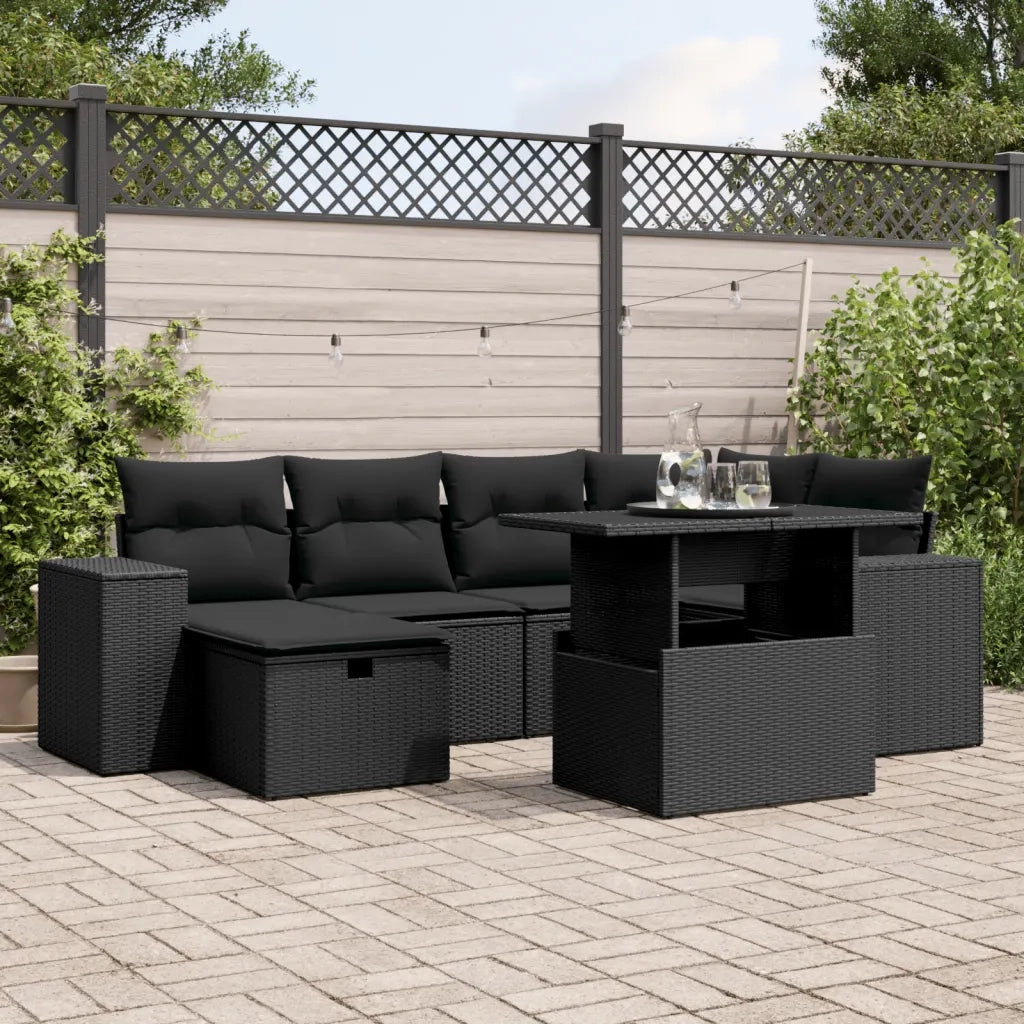 Set Divani da Giardino con Cuscini 7pz Nero Polyrattan