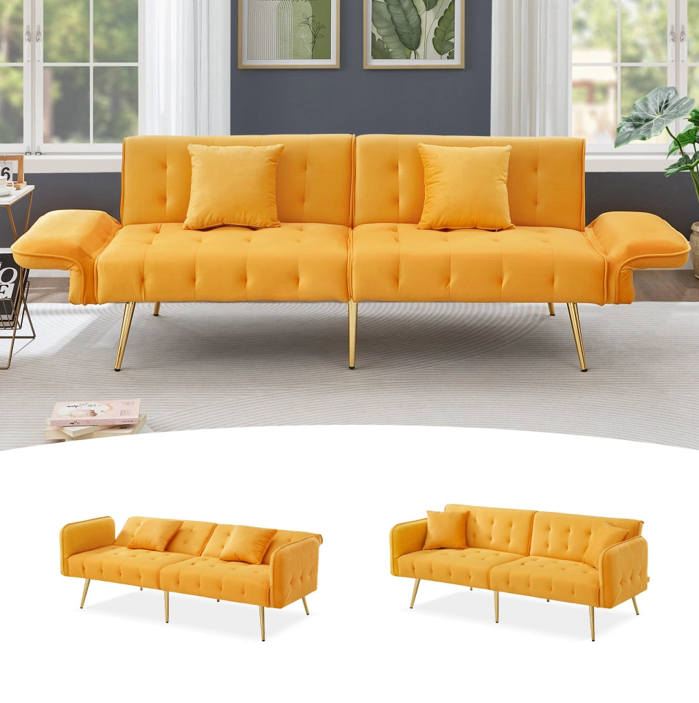 Divano letto 2 posti ULEVR 178x82 cm in velluto giallo, schienale e braccioli regolabili