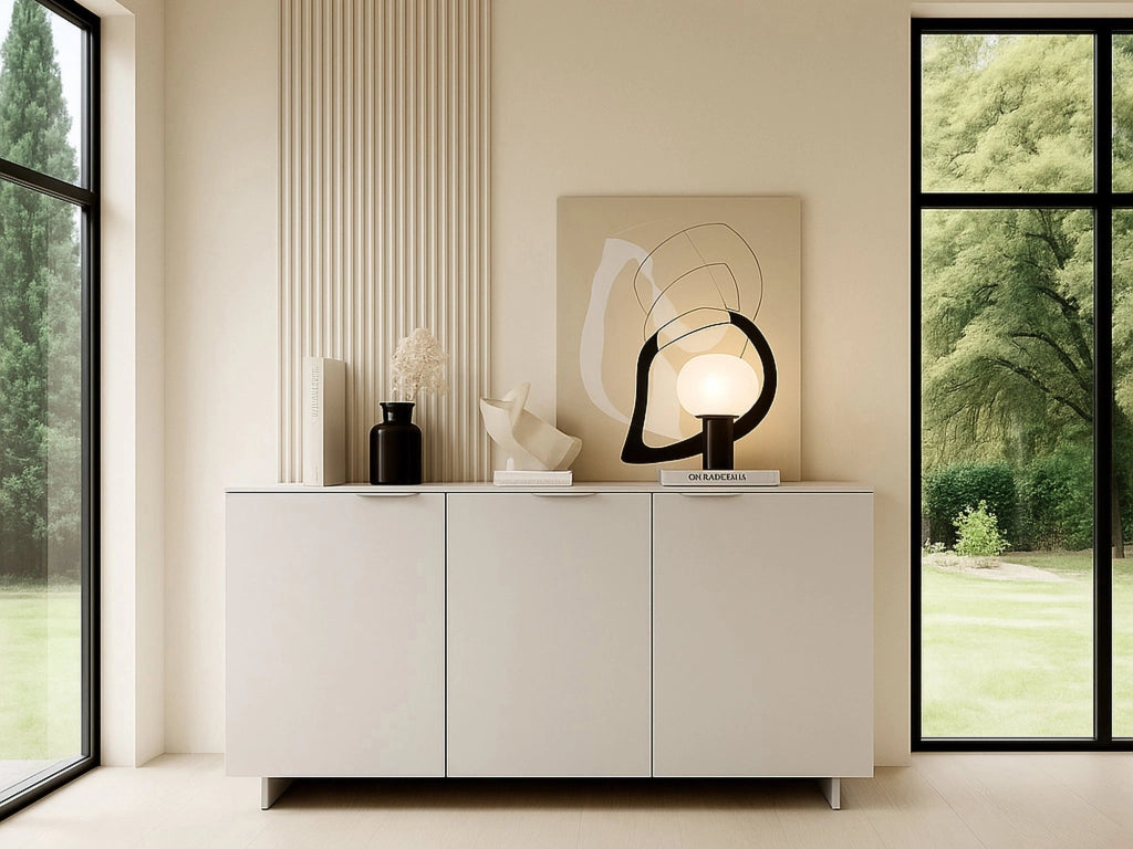Credenza Neto, Madia da salotto con tre ante battenti, Rialzato da terra, 180x42 h90 cm, Beige