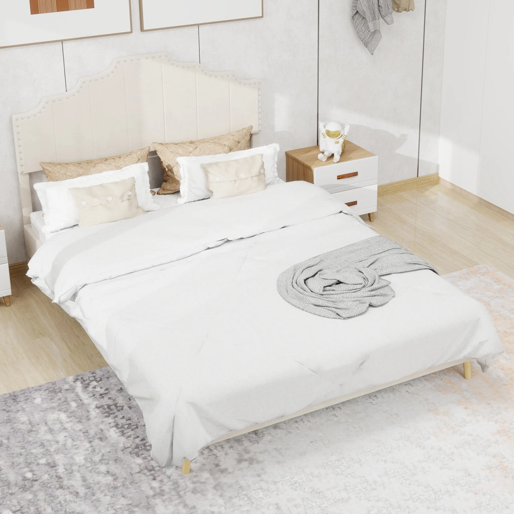 Letto 160x200 cm con Testiera Geometrica; in Tessuto e Metallo; Beige