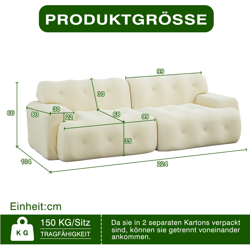 Divano a 2 posti in tessuto traspirante con braccioli larghi e supporto ergonomico beige 224 × 104 × 66 cm