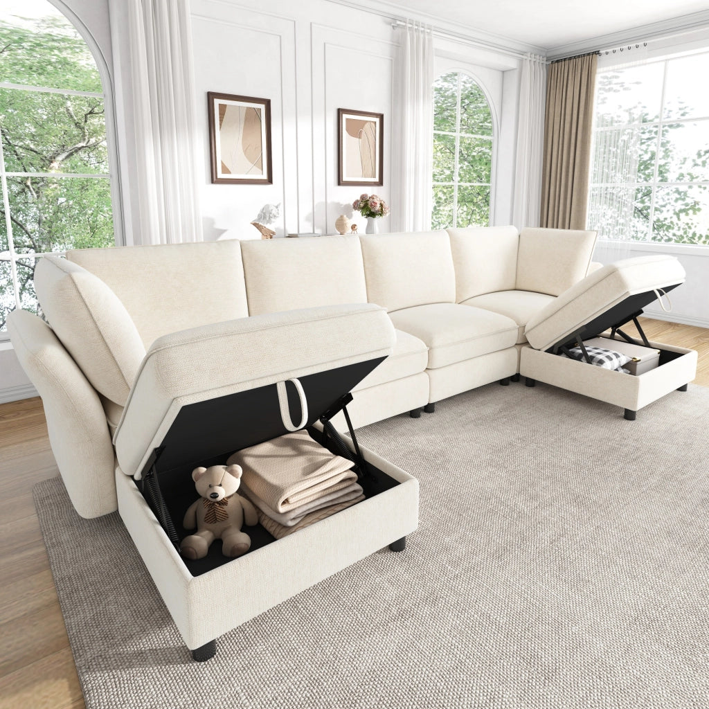Divano angolare modulare a U con spazio contenitore e cuscini per 6-7 persone, in ciniglia beige, 289 × 137 × 84 cm