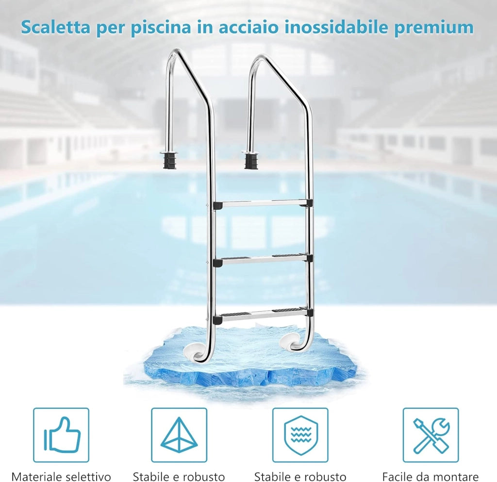 Scaletta per Piscina in Acciaio Inox, Scaletta Piscina con 3 gradini Antiscivolo, con Corrimano Comodo, Capacità di Carico: 150 kg