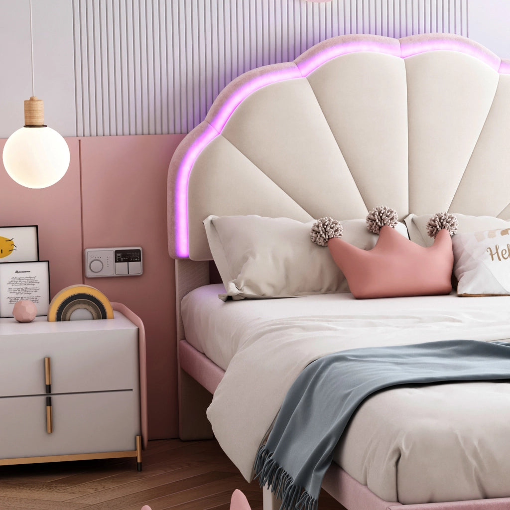 DESMIU Letto per bambini singolo con LED multicolore cangiante e testiera ondulata, 90 × 200 cm, senza materasso