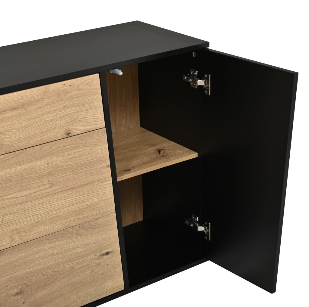 Sideboard 140×35×70 cm in MDF Nero e Legno con 3 Cassetti e 2 Ante Regolabili