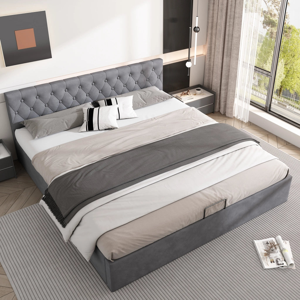 Letti contenitori 180x200 cm contenitore idraulico; testiera capitonné; velluto grigio (Senza materasso)