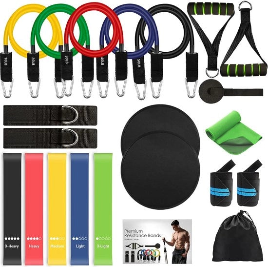 Set di 22 cavi di resistenza, 5 cavi di allenamento staccabili, 5 cavi di resistenza a lusso, 2 guide di guida - cardano, manubri, cinture singole, borsa portatile, asciugamano di raffreddamento immediato