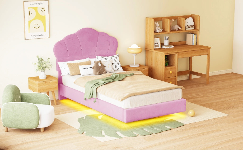 Letto imbottito per bambini con testiera a nuvola e LED, 90x200 cm, rosa