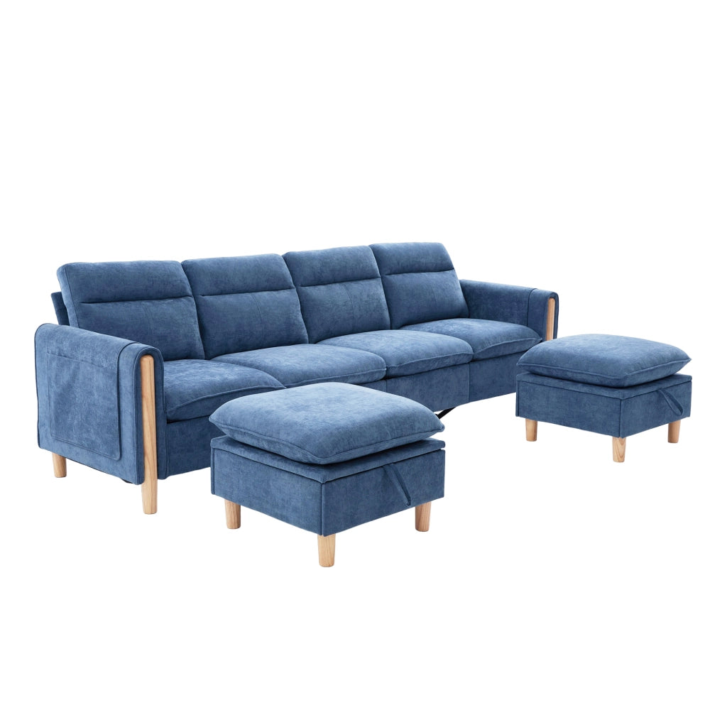 Divano modulare a U 4 posti con 2 pouf contenitore e tasche laterali in chenille blu