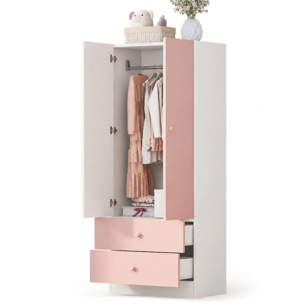 Armadio con vano appendiabiti e 2 cassetti design bicolore per camera da letto in MDF e compensato rosa 70×40×170 cm