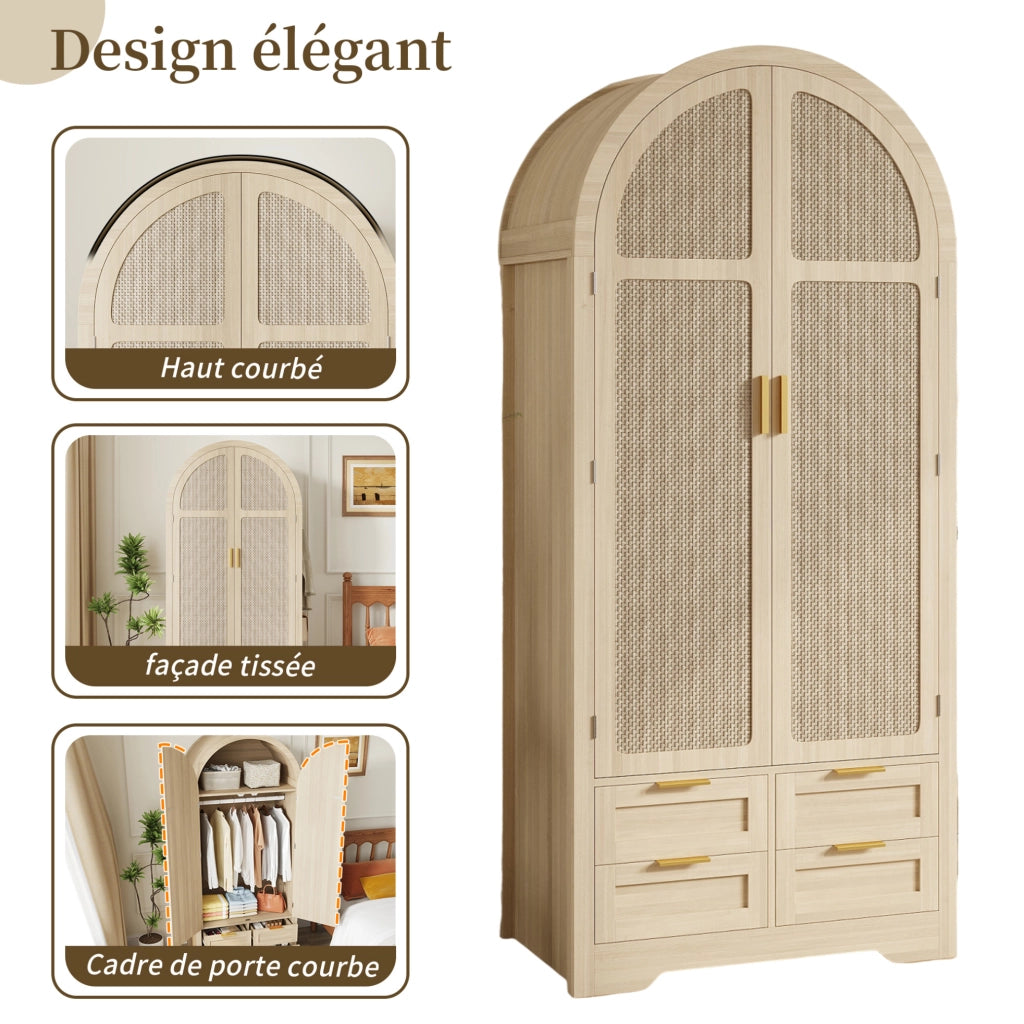 Armadio moderno con ante curve e inserti in rattan 80x50x179 cm; MDF colore quercia