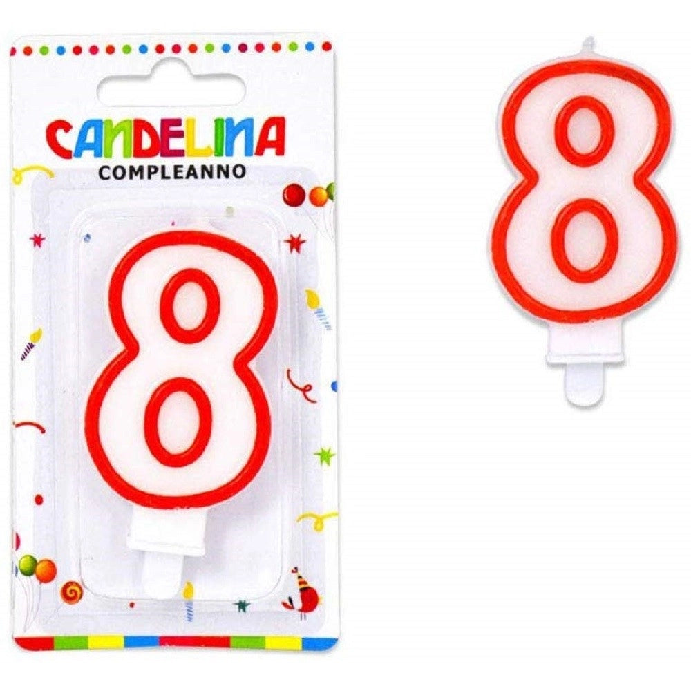 Trade Shop - Candelina Candela Numero 8 Compleanno Bianca Bordo Rosso Candeline Torta Per Festa -