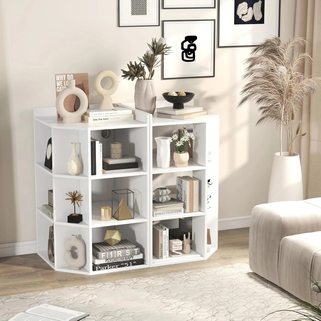 Mobile ad Angolo a 3 Livelli in Legno, Libreria Angolare Aperta con Stazione di Ricarica 9 Cubi 2 Porte USB e 4 Prese, Adatto per Spazi Ridotti, 51x71,5x86 cm (Bianco)