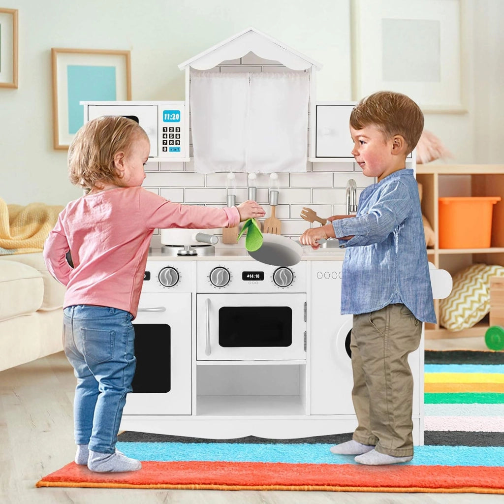 Cucina Giocattolo per Bambini, Cucina Legno per Bambini con Lavatrice, Piano, Cottura Forno e Microonde, 3 Anni+, Bianco