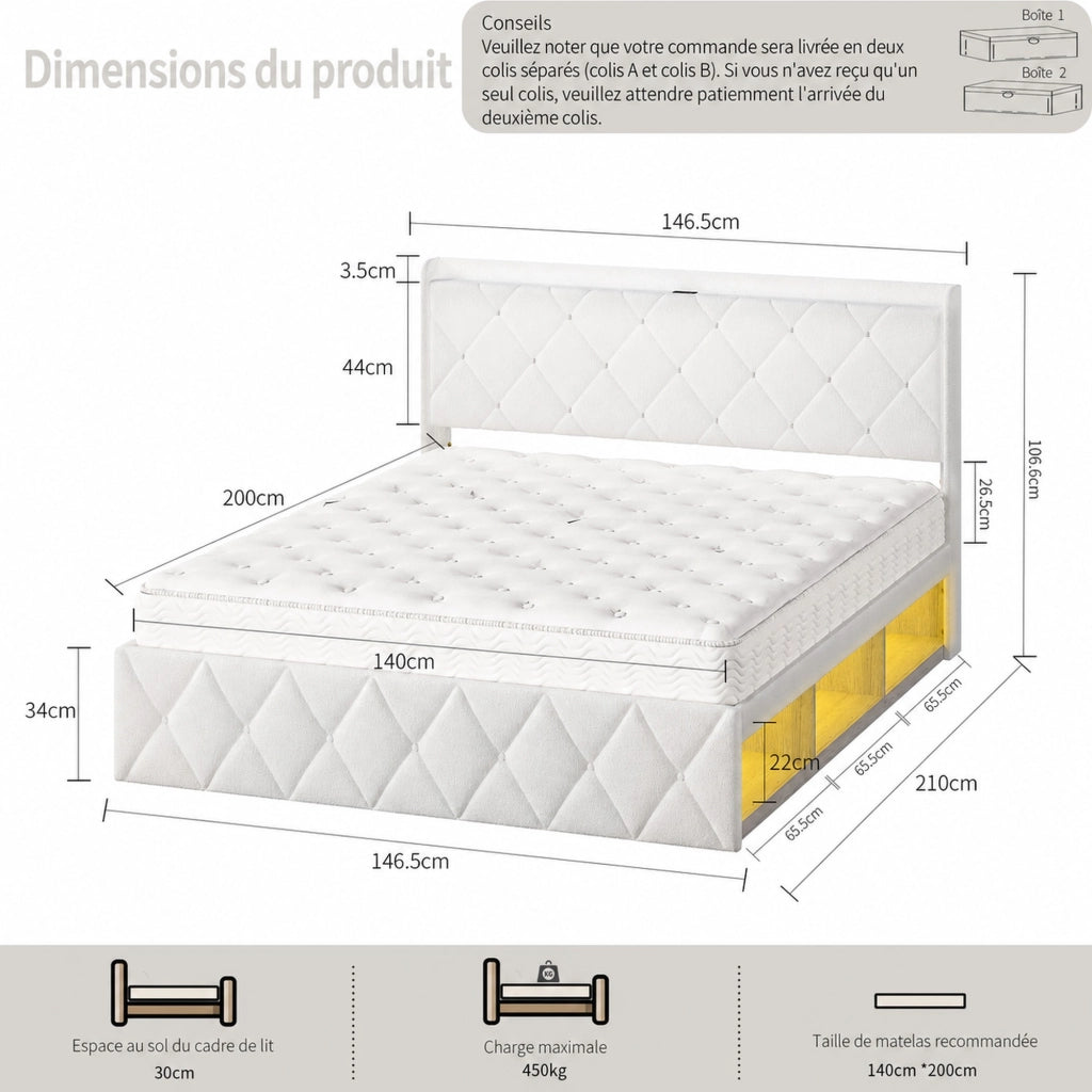 Letto imbottito 140 × 200 cm con USB, LED, 6 cassetti, ripiano testiera, senza materasso, bianco