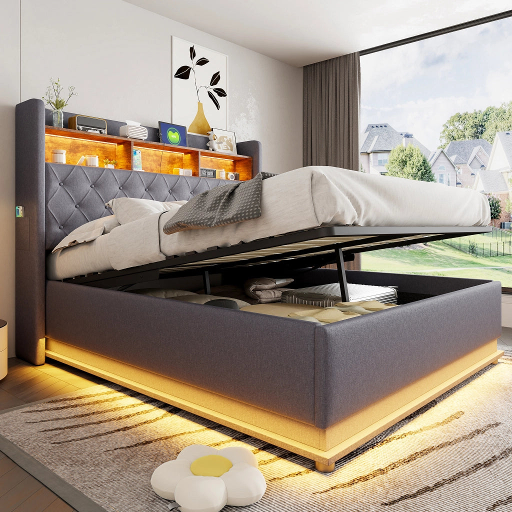 Letto Contenitore 160 x 200 cm con LED; USB e vano idraulico in Tessuto Grigio