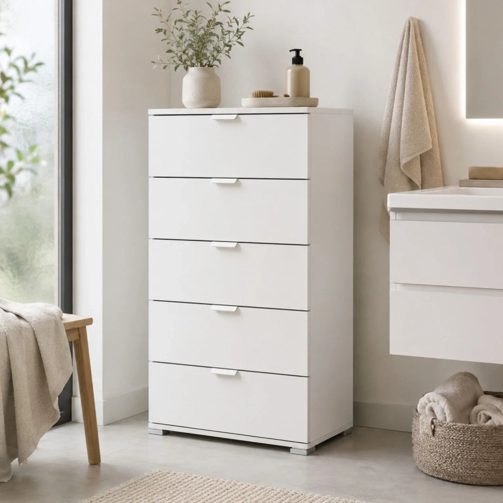 Cassettiera 5 Cassetti Bianca Già Montata | Mobile Salvaspazio 60x103x38 cm | Comò Moderno per Camera da Letto, Bagno e Lavanderia con Guide Scorrevoli