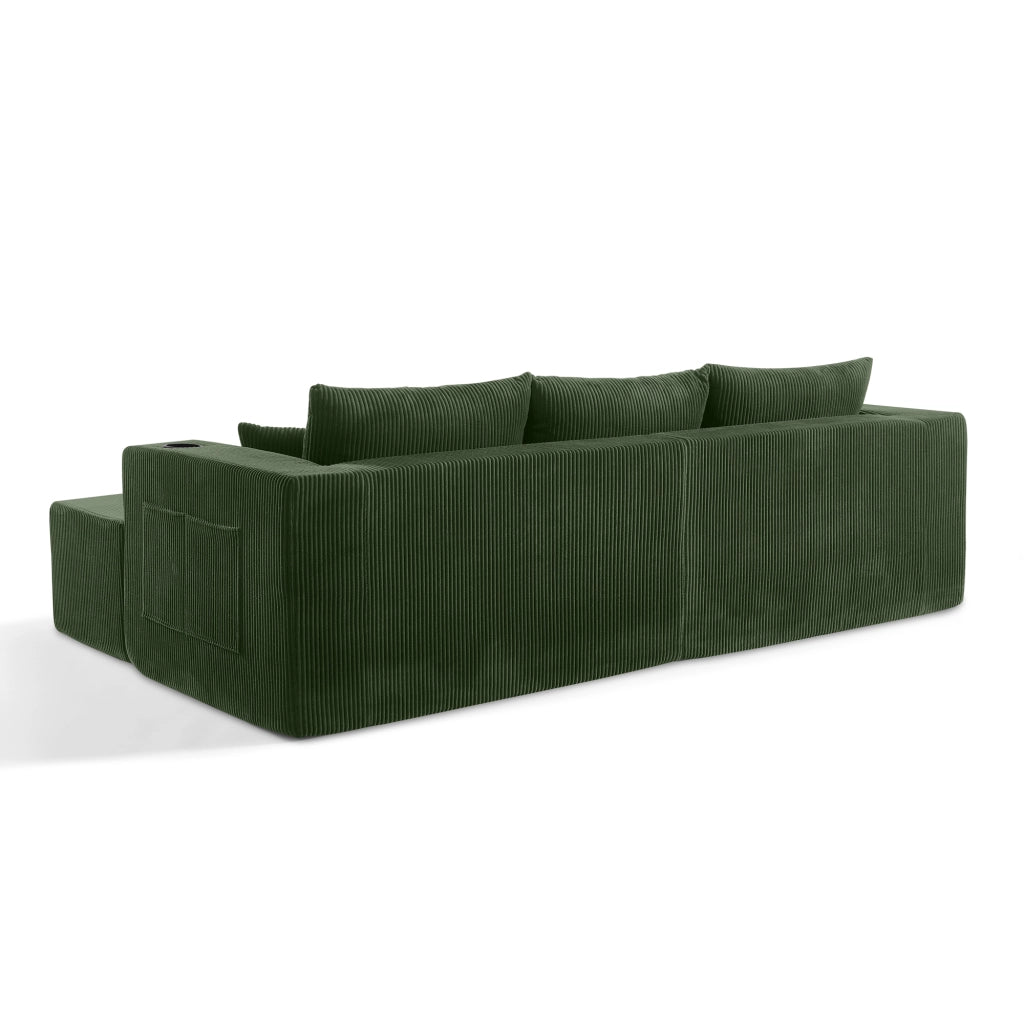 Divano angolare modulare 3 posti con pouf mobili portabicchieri tasche laterali e cuscini in velluto a coste verde