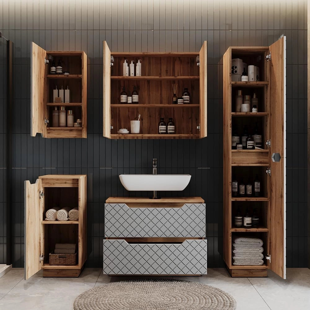 Set di mobili da bagno Lotta, Rovere/grigio con struttura in piastrelle, 3 parti