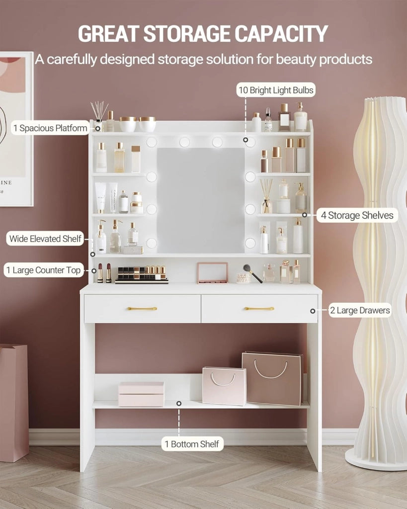 Hzuaneri 100cm Toeletta da Trucco, con specchio e luce LED, Moderno con Specchio, Postazione Make-up con Mensole Aperte e 2 Cassetti, per camera da letto, soggiorno, 40 x 100 x 149 cm, Bianco DT38703X