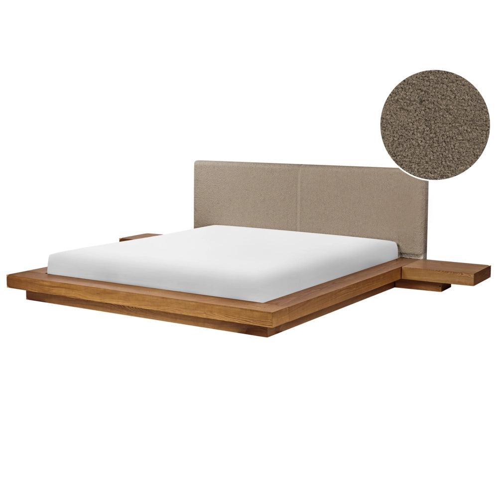 Letto matrimoniale ad acqua con testata e comodini in legno chiaro bouclé tortora 180 x 200 cm stile giapponese
