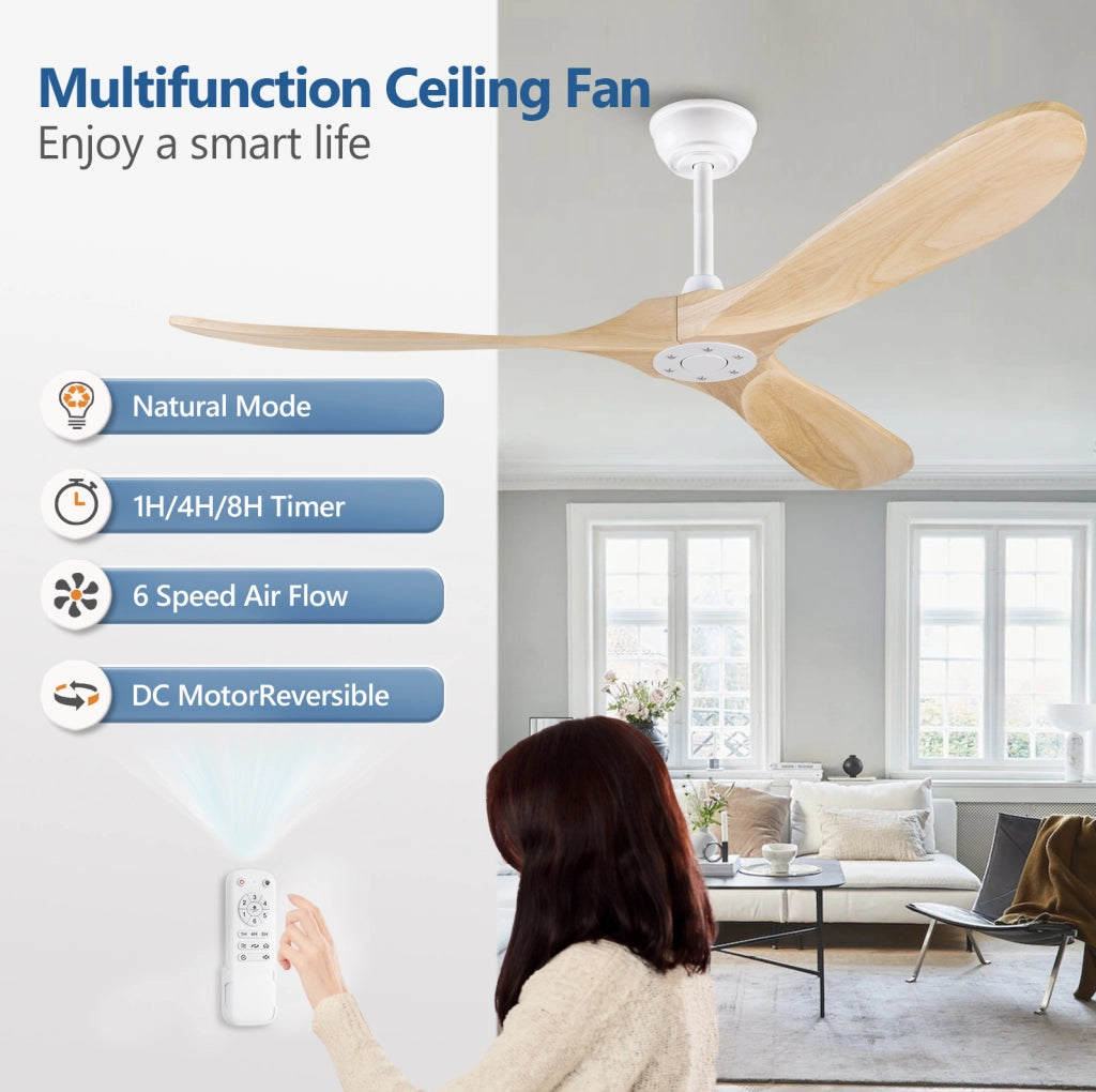 Ventilatore da soffitto 60 pollici senza luce; legno e metallo; bianco e naturale con telecomando