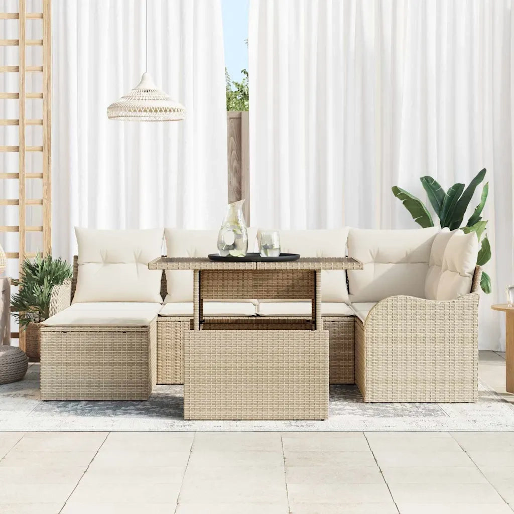 Set Divano da Giardino con cuscino 7 pcs Beige Poly Rattan