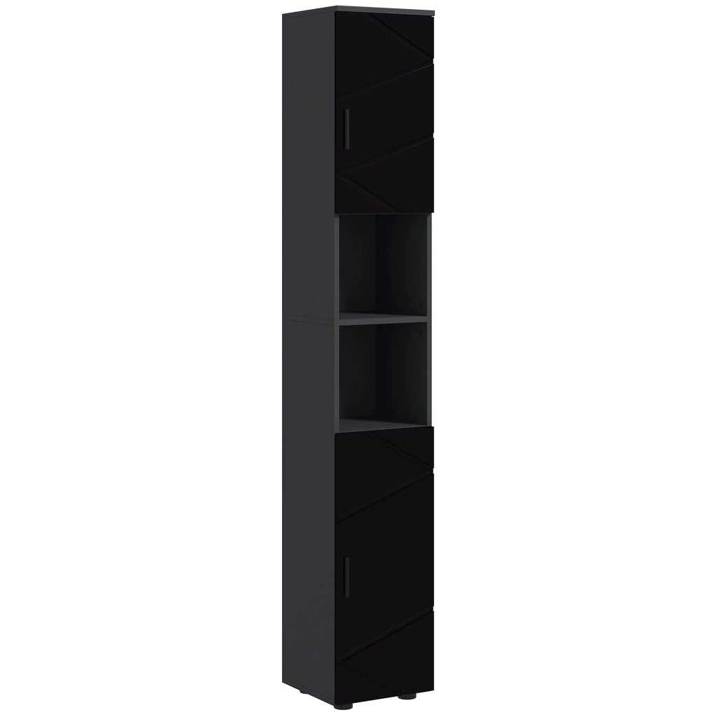 Colonna Bagno in Truciolato con 2 Ripiani Aperti e 2 Armadietti a 2 Livelli, 30x30x183 cm, Nero e Grigio