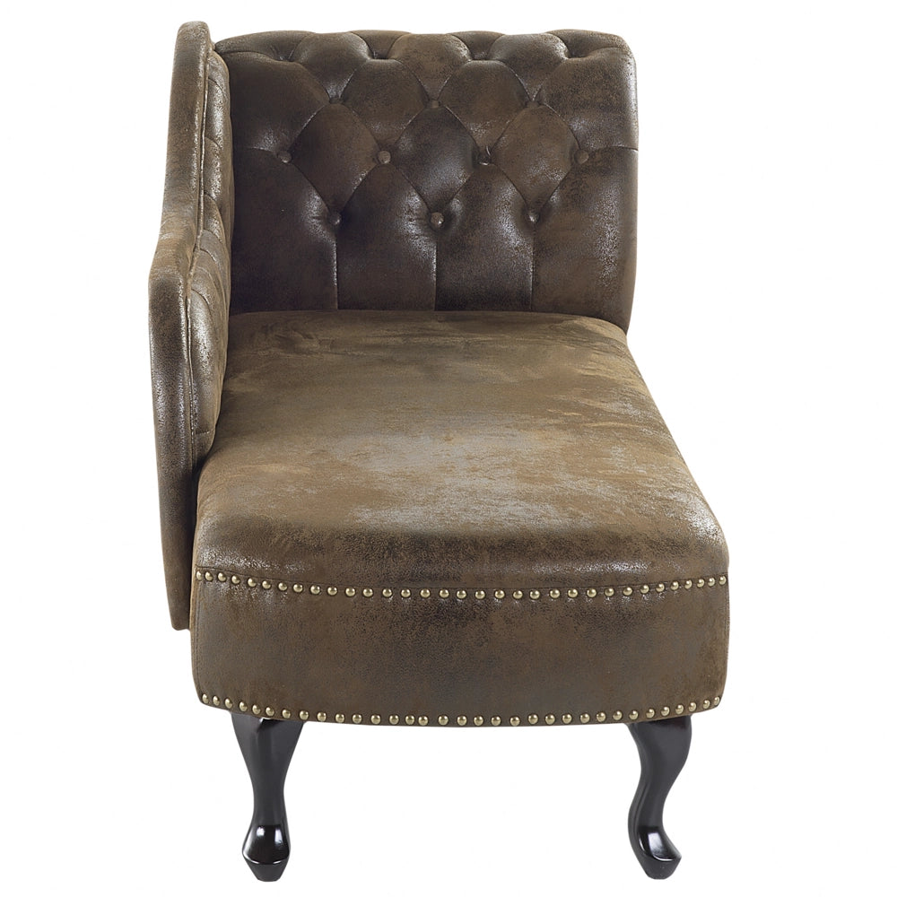 Chaise longue marrone versione destra in finta pelle scamosciata abbottonata